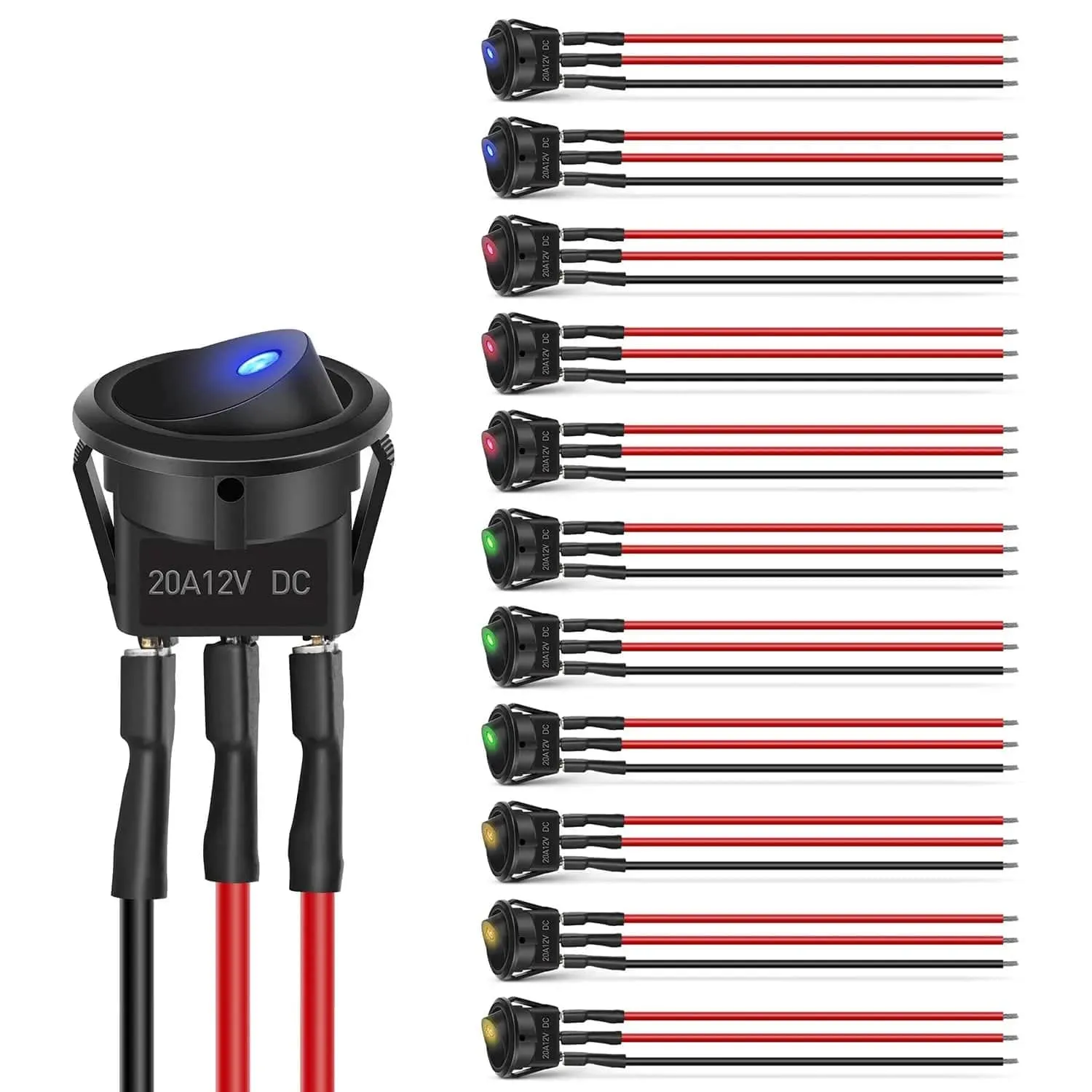 12Pcs 12V 20A Round Toggle LED Switch With Wires