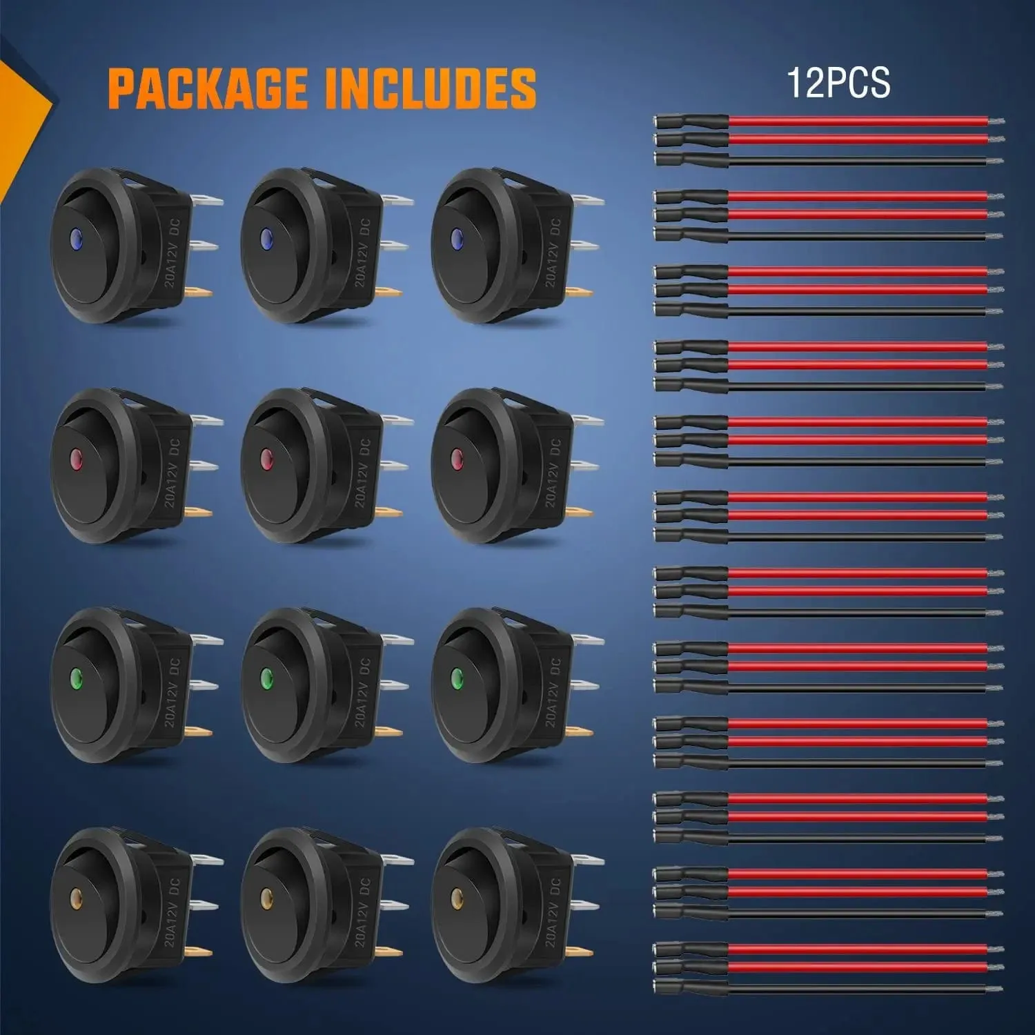 12Pcs 12V 20A Round Toggle LED Switch With Wires