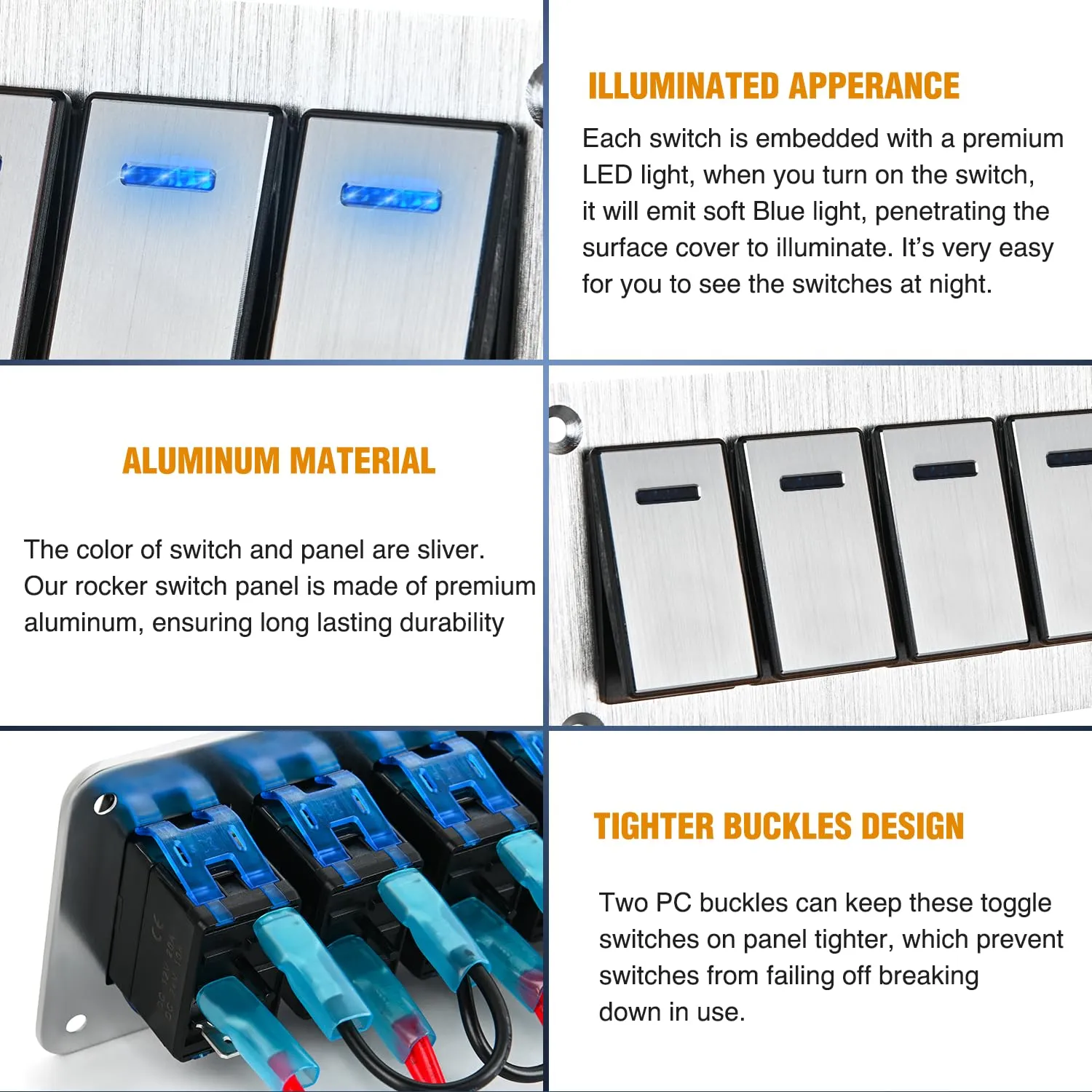 2Gang Aluminum 3Pin ON/Off Blue Led Rocker Switch Panel