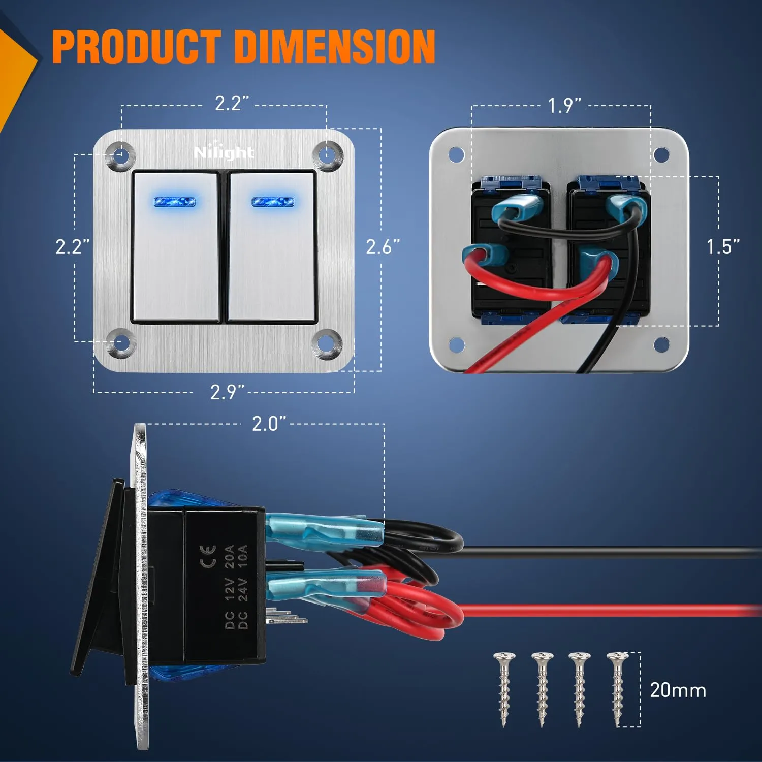 2Gang Aluminum 3Pin ON/Off Blue Led Rocker Switch Panel