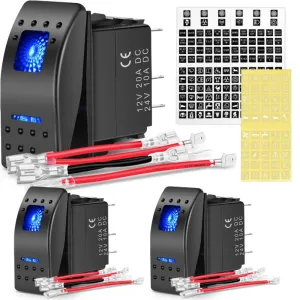 3Pcs 5Pin SPST On/Off Rocker Switch Blue