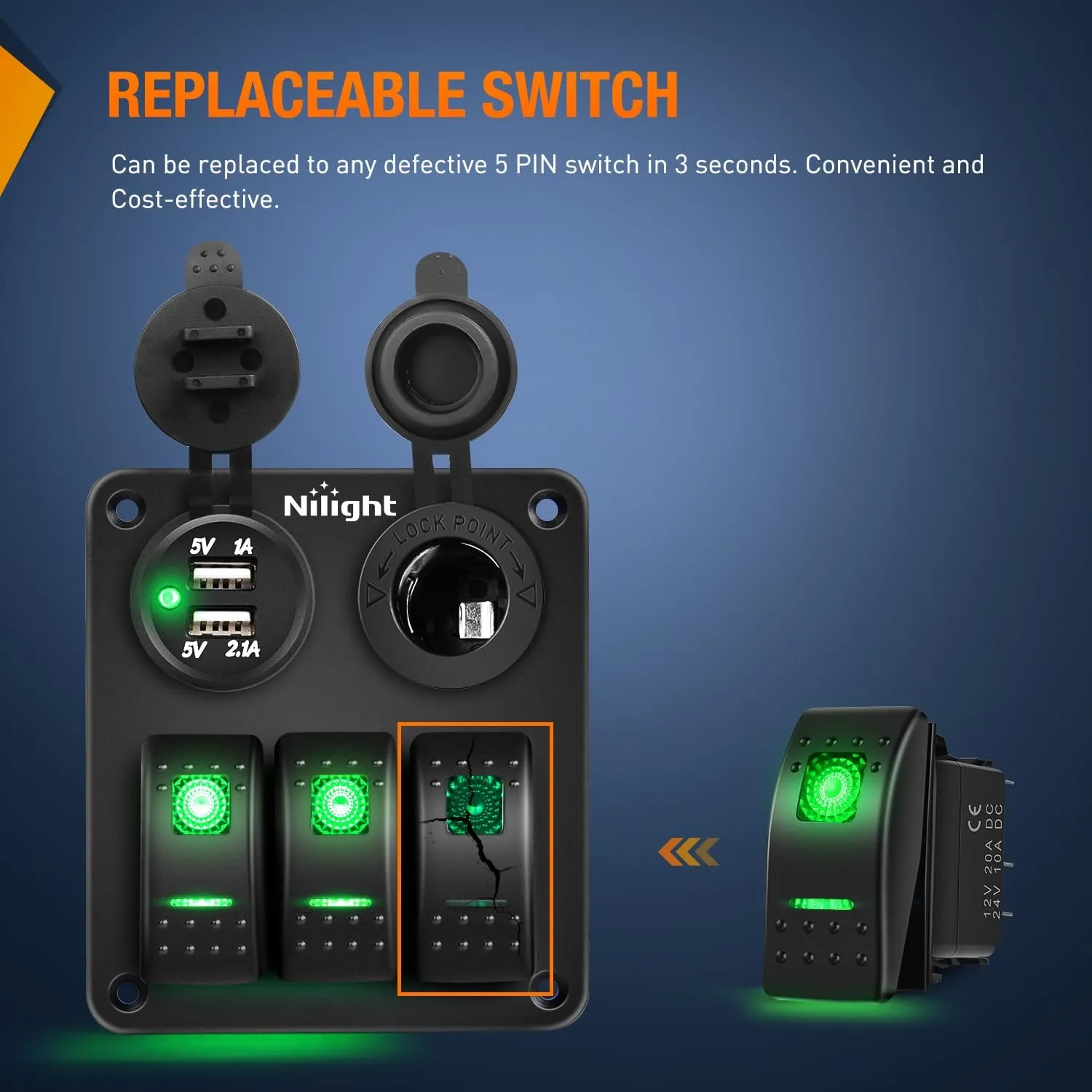 3Pcs 5Pin SPST On/Off Rocker Switch Green