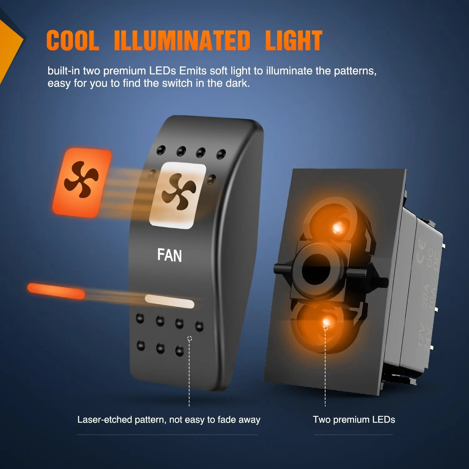 5Pin SPST On/Off UTV Fan Rocker Switch Orange Backlit