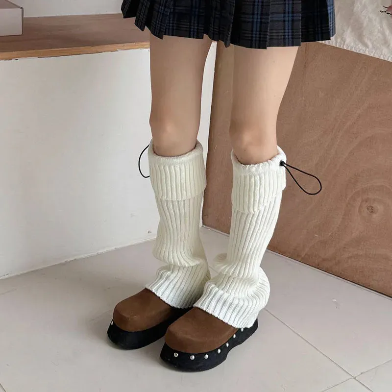 Elastic Drawstring Knitted Leg Warmers  Y2K Winter Calf Socks for Women, Korean JK Style Leggings