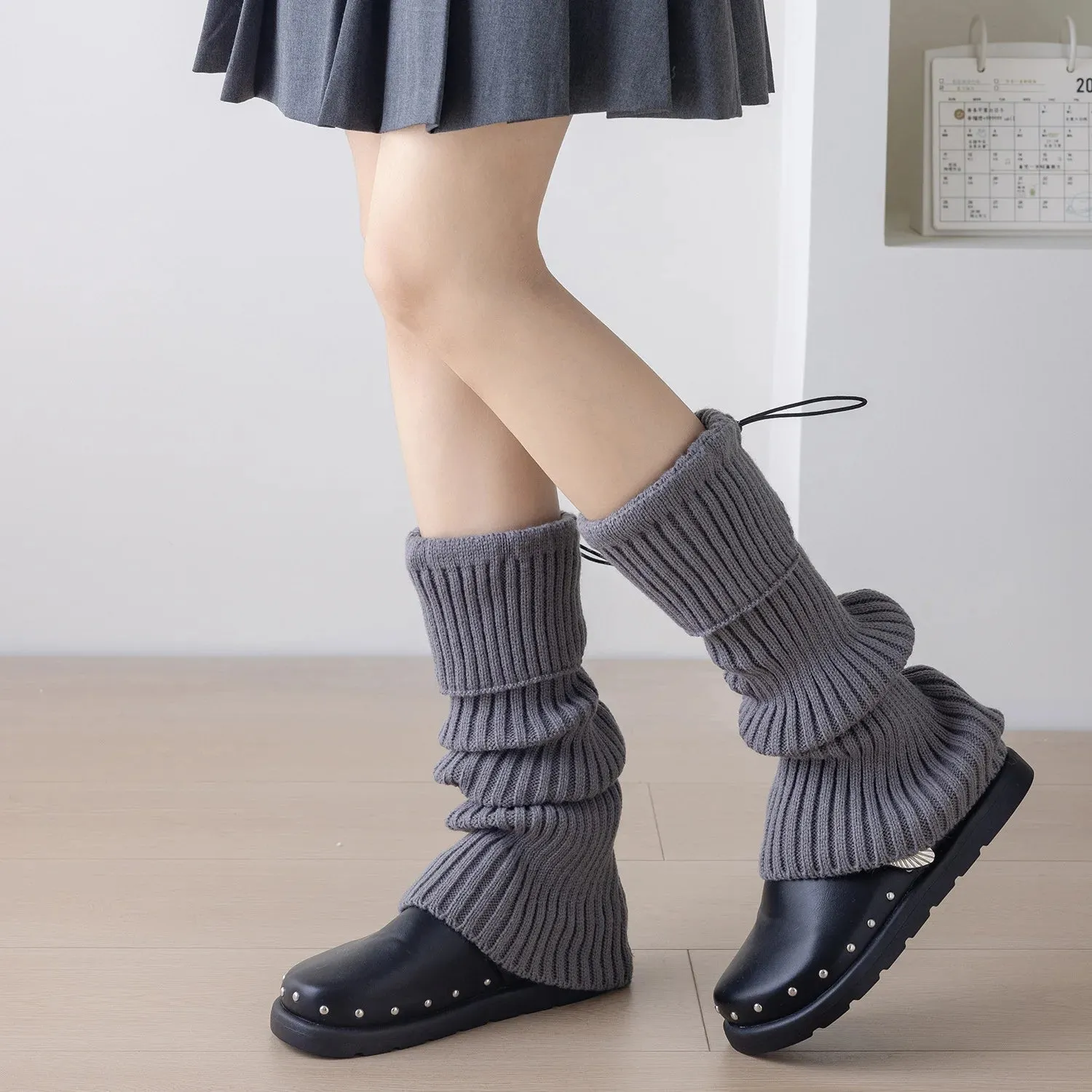 Elastic Drawstring Knitted Leg Warmers  Y2K Winter Calf Socks for Women, Korean JK Style Leggings