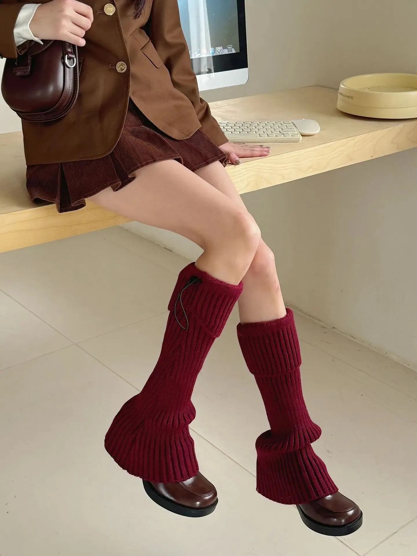 Elastic Drawstring Knitted Leg Warmers  Y2K Winter Calf Socks for Women, Korean JK Style Leggings