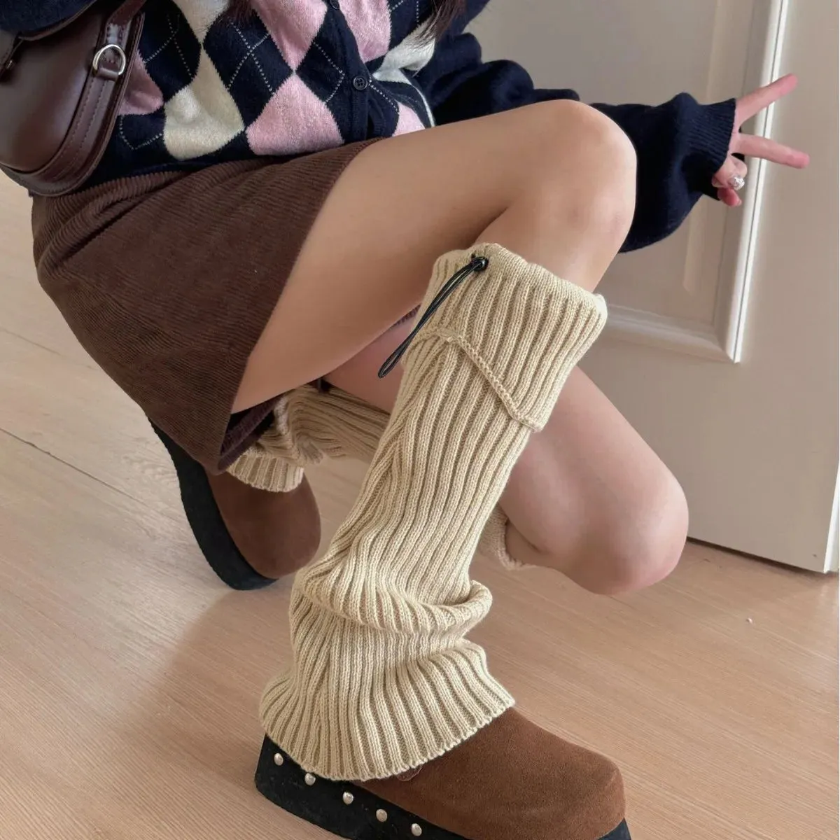Elastic Drawstring Knitted Leg Warmers  Y2K Winter Calf Socks for Women, Korean JK Style Leggings