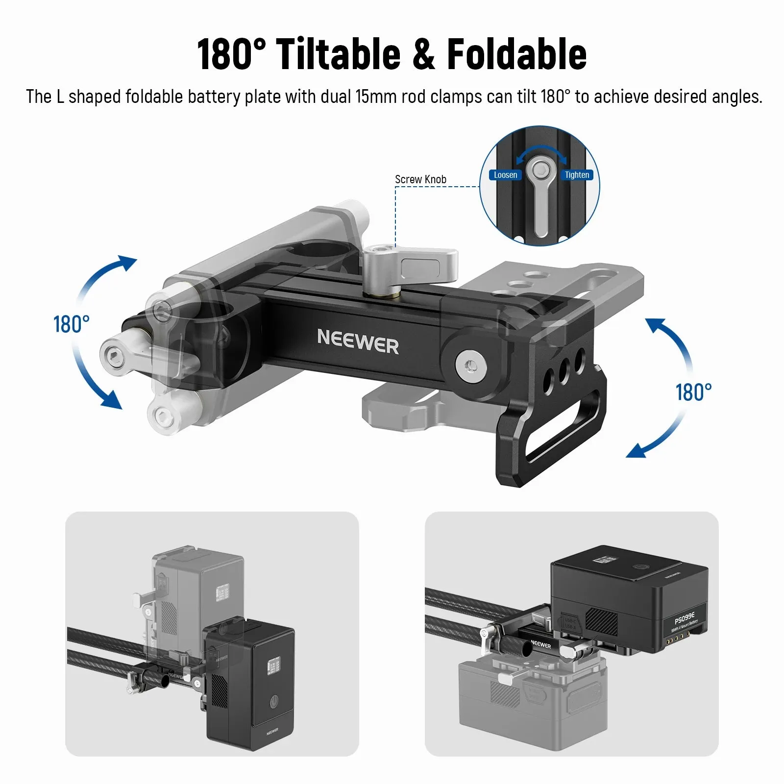 Foldable v Mount Battery Plate with 15mm Rod Clamp 180 Tilt Quick Release