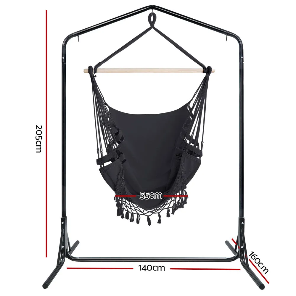 Grey Tassel Hammock Chair with Stand, 360° Rotation - Gardeon