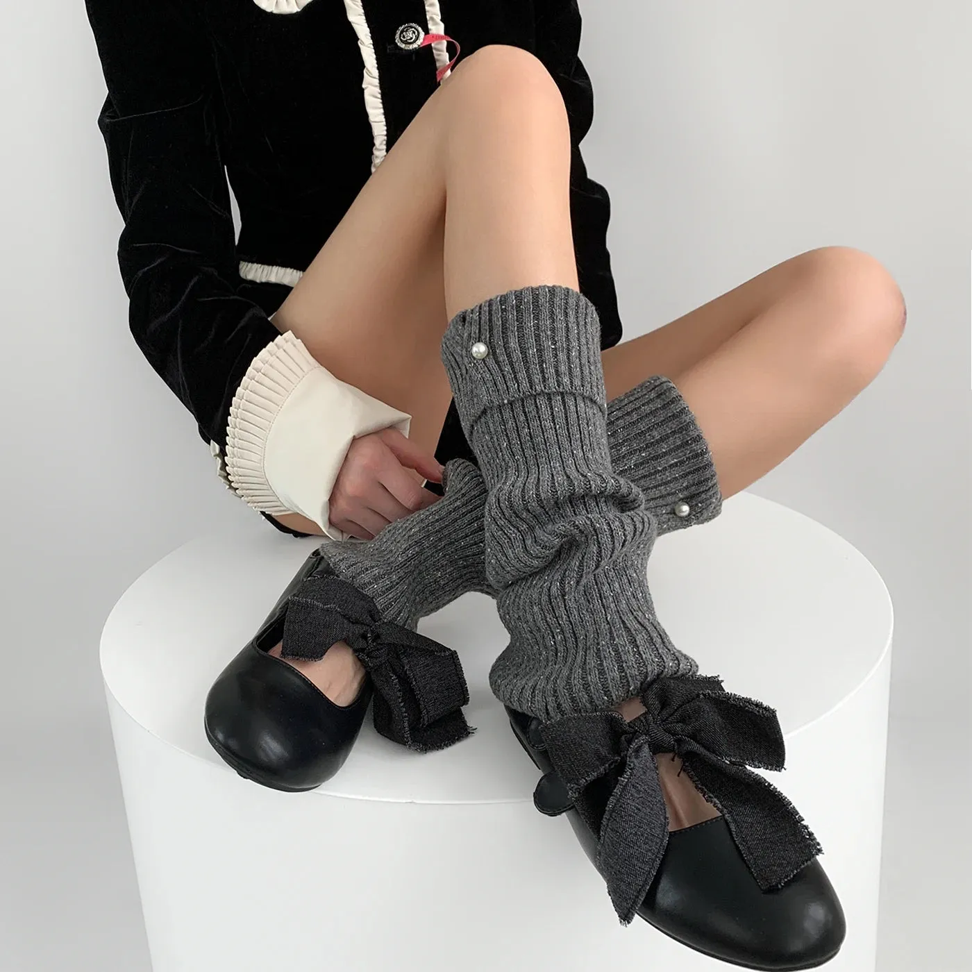 Harajuku Pearl Mid-Calf Leg Warmers  Thick Wool Knit Ankle Covers for Winter