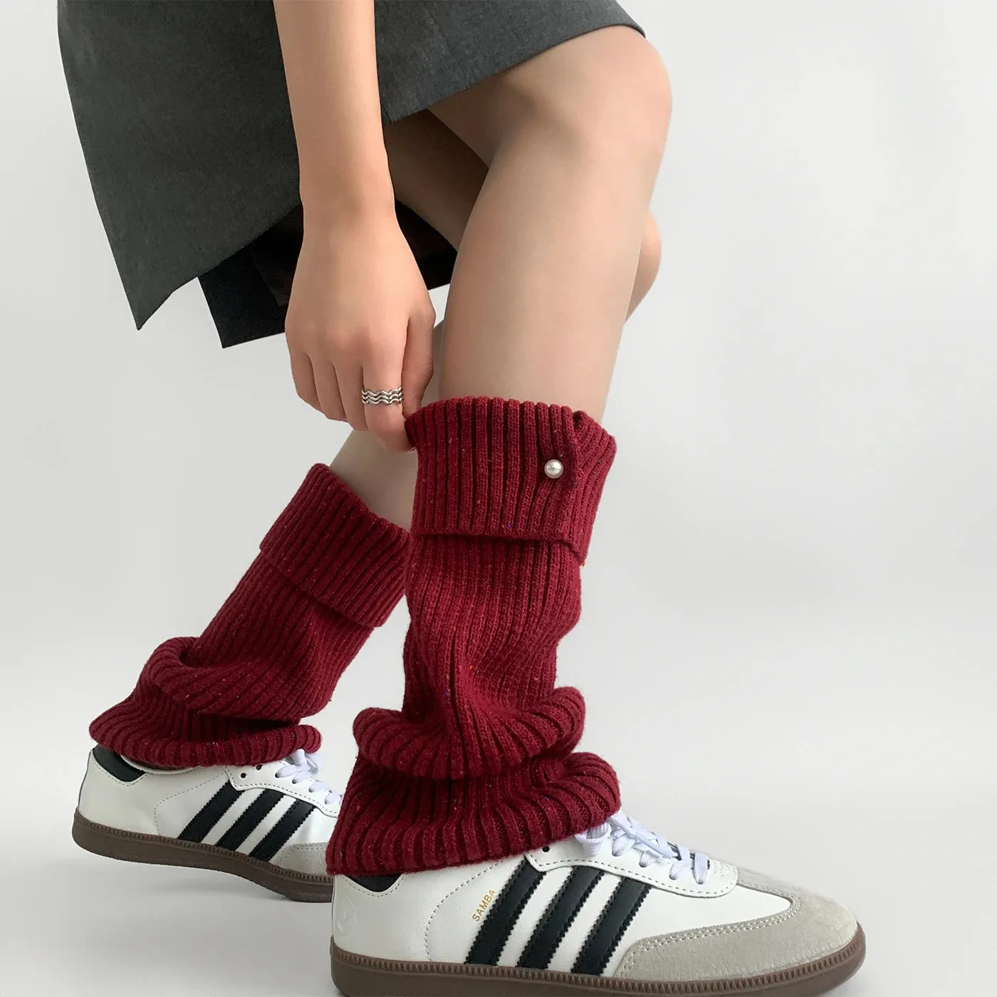 Harajuku Pearl Mid-Calf Leg Warmers  Thick Wool Knit Ankle Covers for Winter