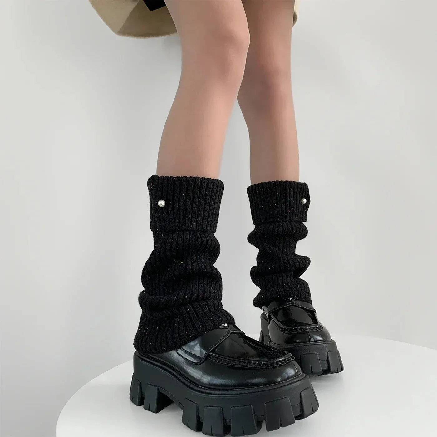 Harajuku Pearl Mid-Calf Leg Warmers  Thick Wool Knit Ankle Covers for Winter