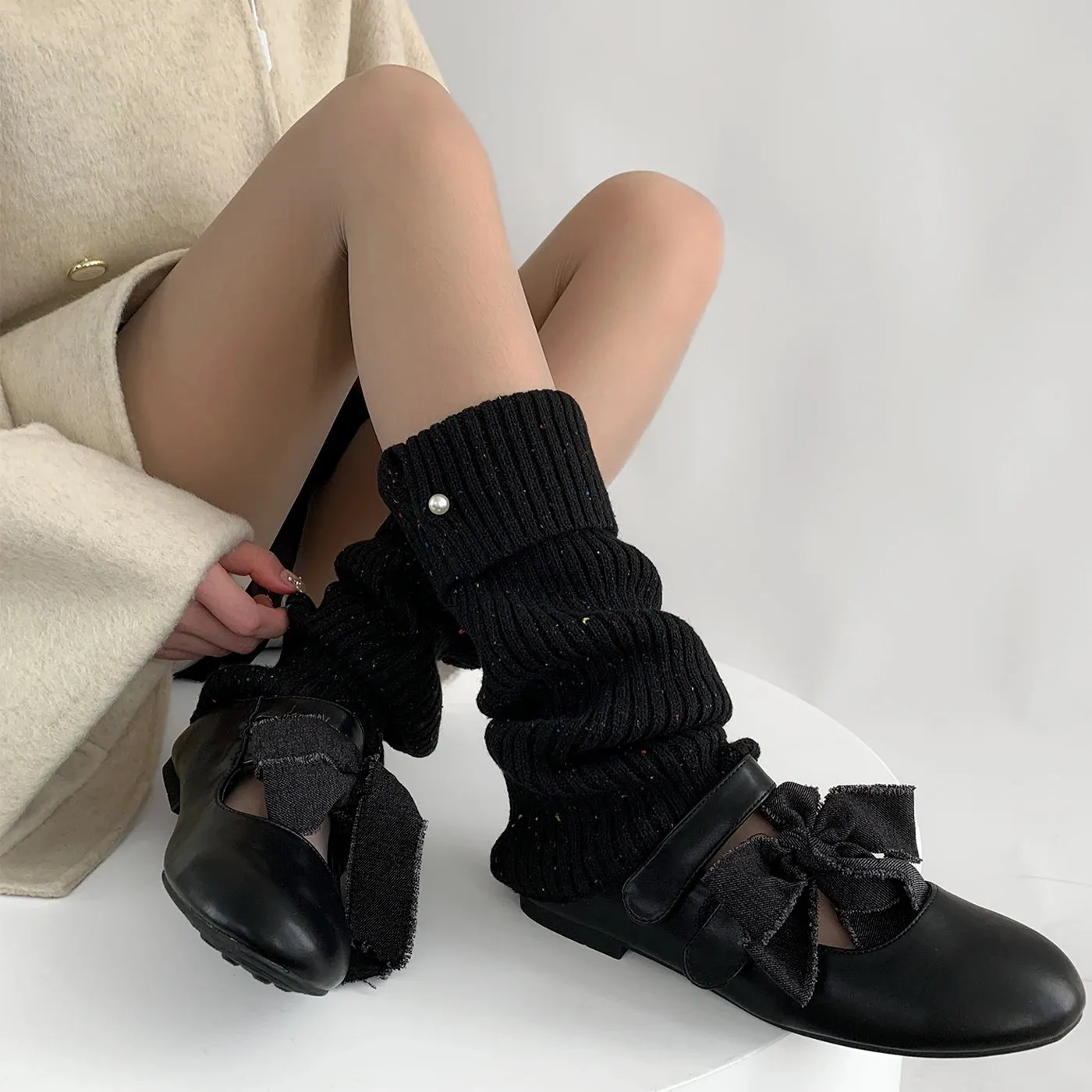 Harajuku Pearl Mid-Calf Leg Warmers  Thick Wool Knit Ankle Covers for Winter