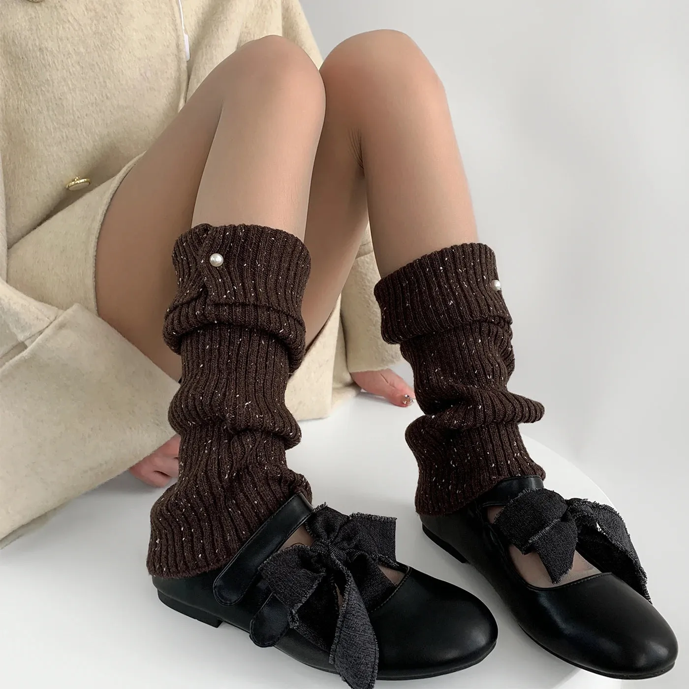 Harajuku Pearl Mid-Calf Leg Warmers  Thick Wool Knit Ankle Covers for Winter