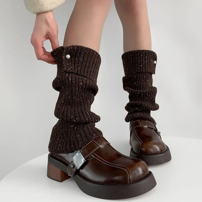 Harajuku Pearl Mid-Calf Leg Warmers  Thick Wool Knit Ankle Covers for Winter