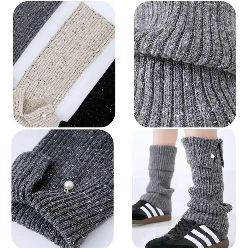 Harajuku Pearl Mid-Calf Leg Warmers  Thick Wool Knit Ankle Covers for Winter