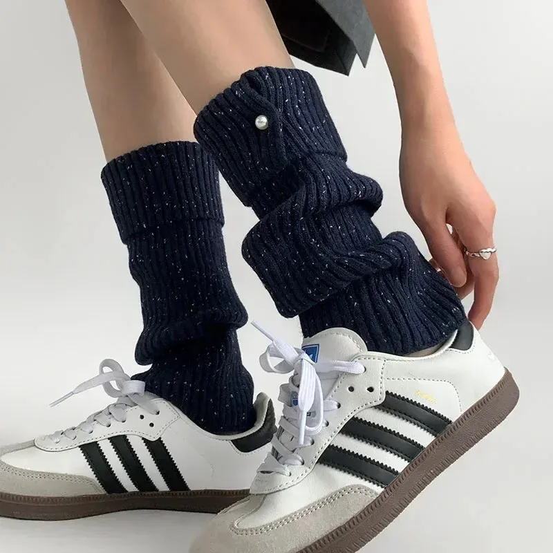 Harajuku Pearl Mid-Calf Leg Warmers  Thick Wool Knit Ankle Covers for Winter
