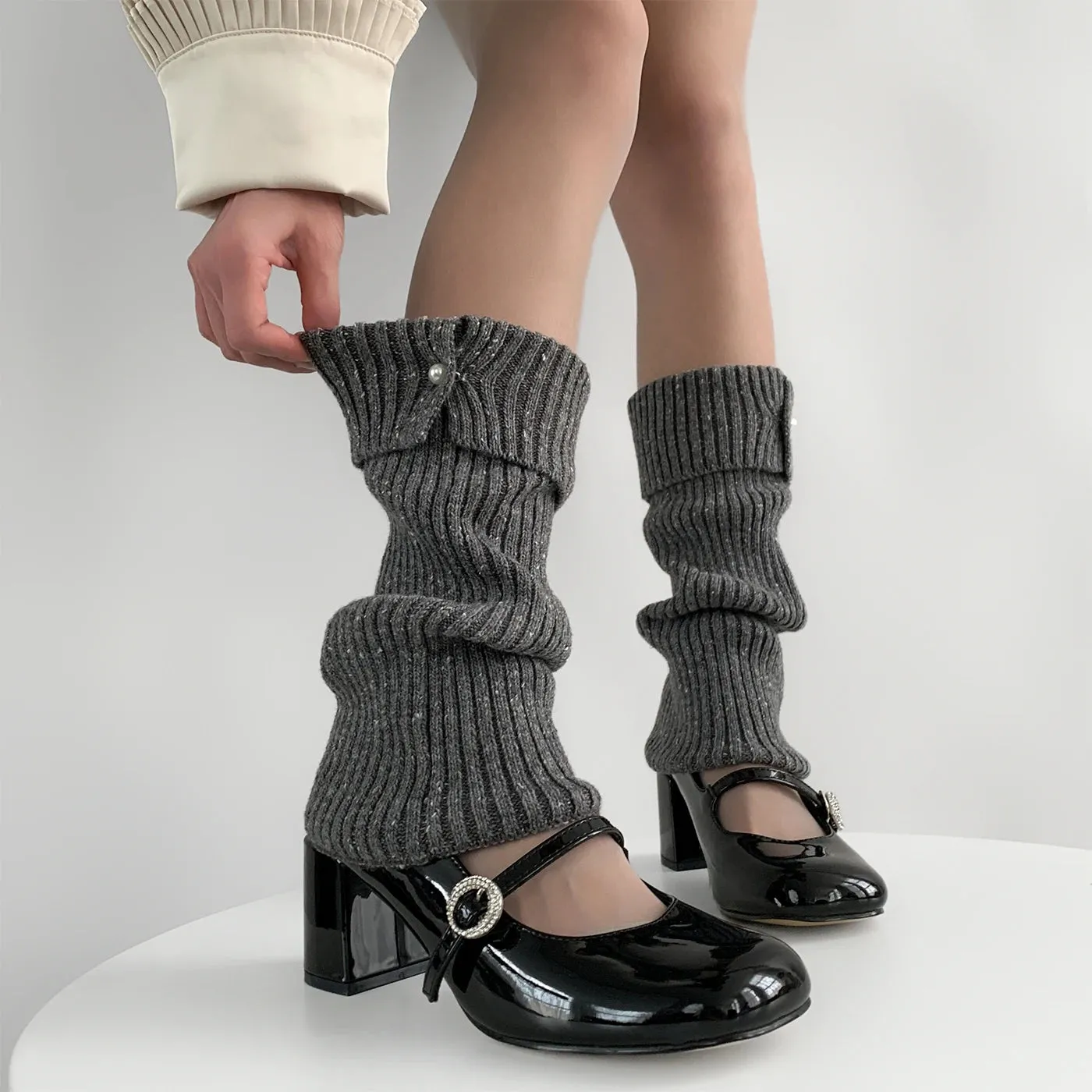 Harajuku Pearl Mid-Calf Leg Warmers  Thick Wool Knit Ankle Covers for Winter
