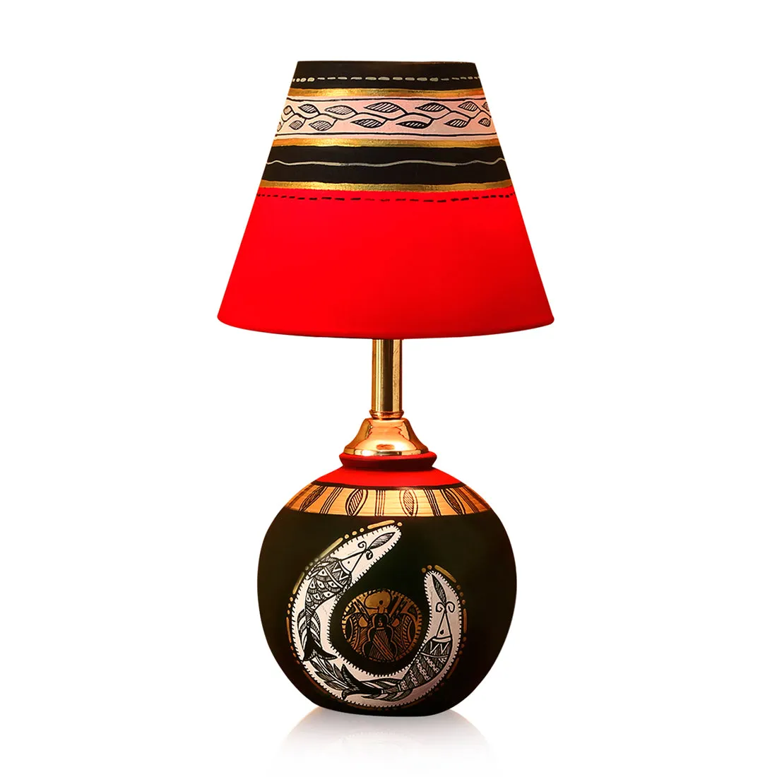 'Madhubani Shimmers' Handpainted Pot Shaped Round Table Lamp In Terracotta