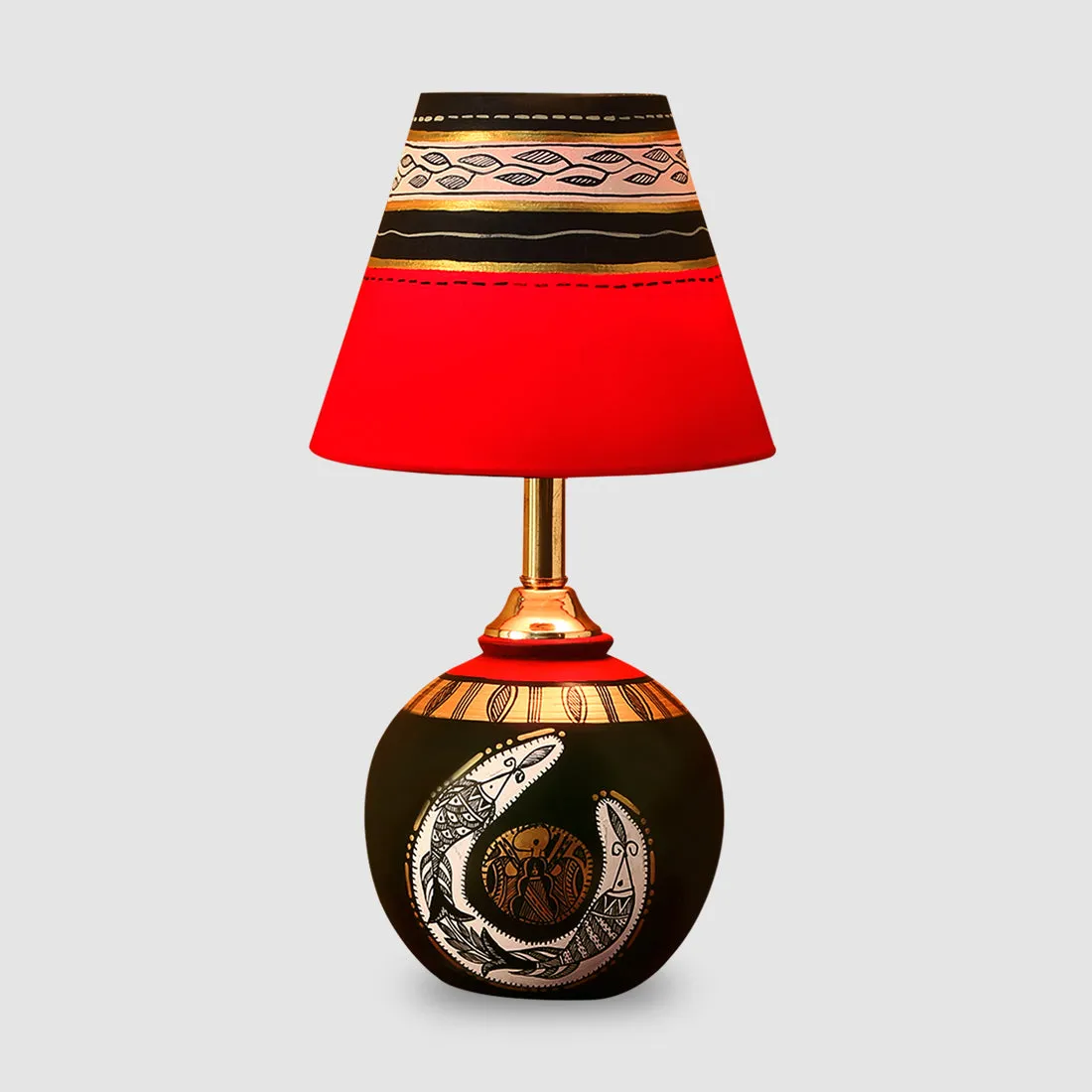 'Madhubani Shimmers' Handpainted Pot Shaped Round Table Lamp In Terracotta
