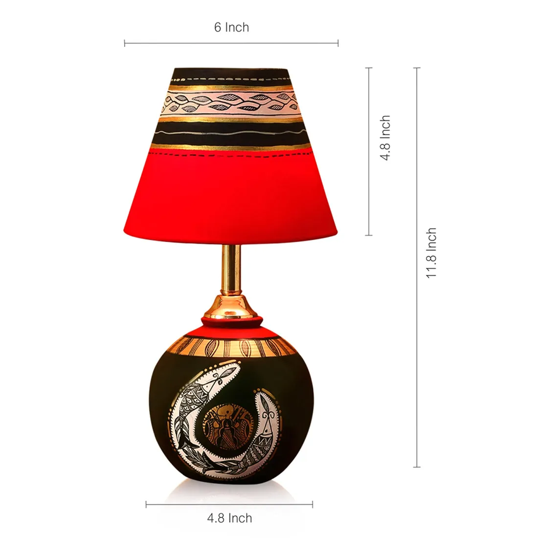 'Madhubani Shimmers' Handpainted Pot Shaped Round Table Lamp In Terracotta