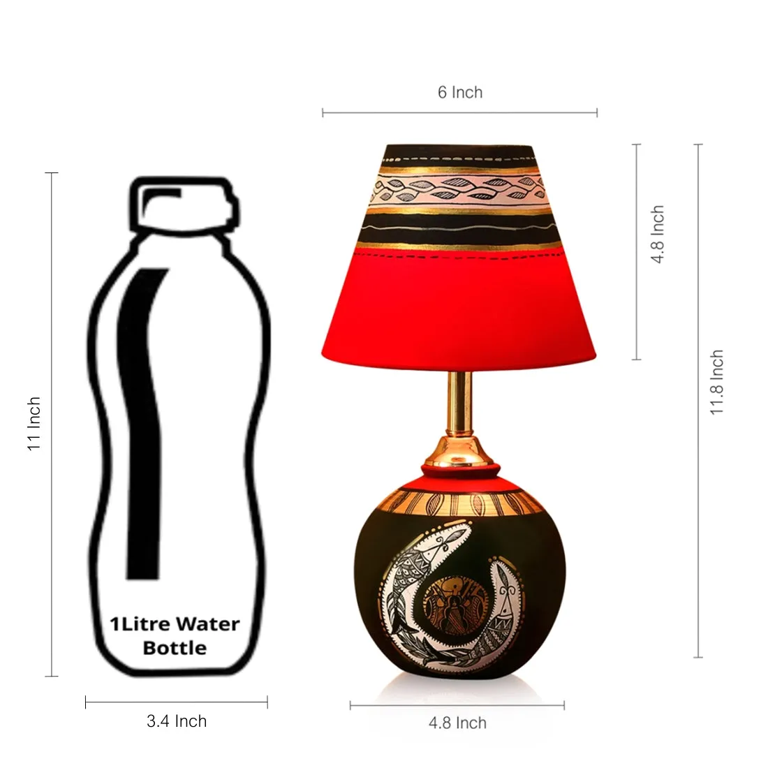 'Madhubani Shimmers' Handpainted Pot Shaped Round Table Lamp In Terracotta