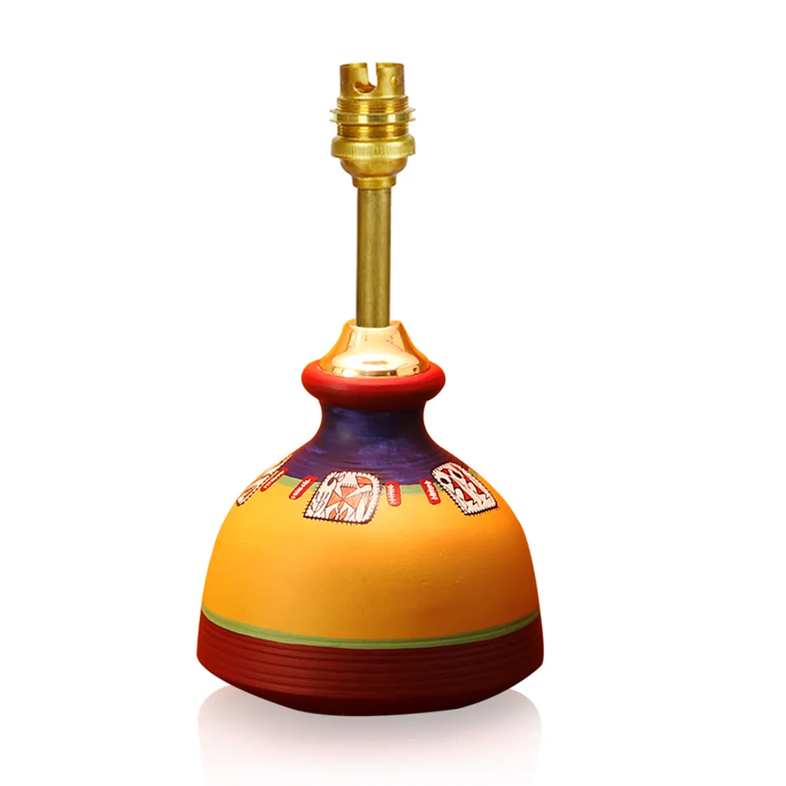 'Warli In Light' Handpainted Flat Matki Shaped Table Lamp In Terracotta