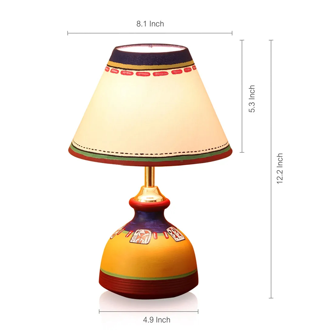 'Warli In Light' Handpainted Flat Matki Shaped Table Lamp In Terracotta