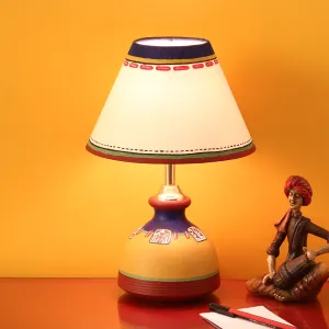 'Warli In Light' Handpainted Flat Matki Shaped Table Lamp In Terracotta