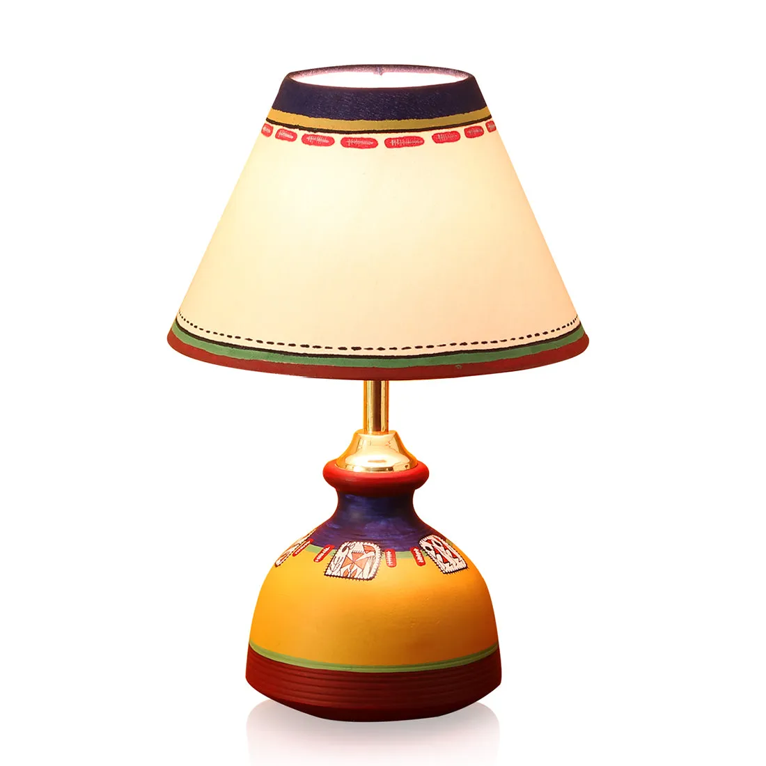 'Warli In Light' Handpainted Flat Matki Shaped Table Lamp In Terracotta