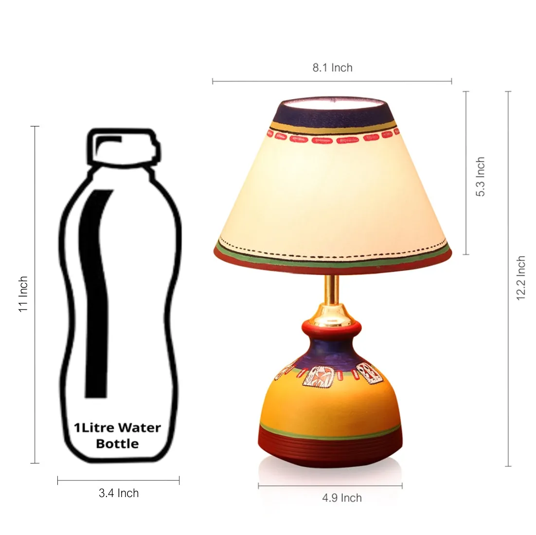 'Warli In Light' Handpainted Flat Matki Shaped Table Lamp In Terracotta